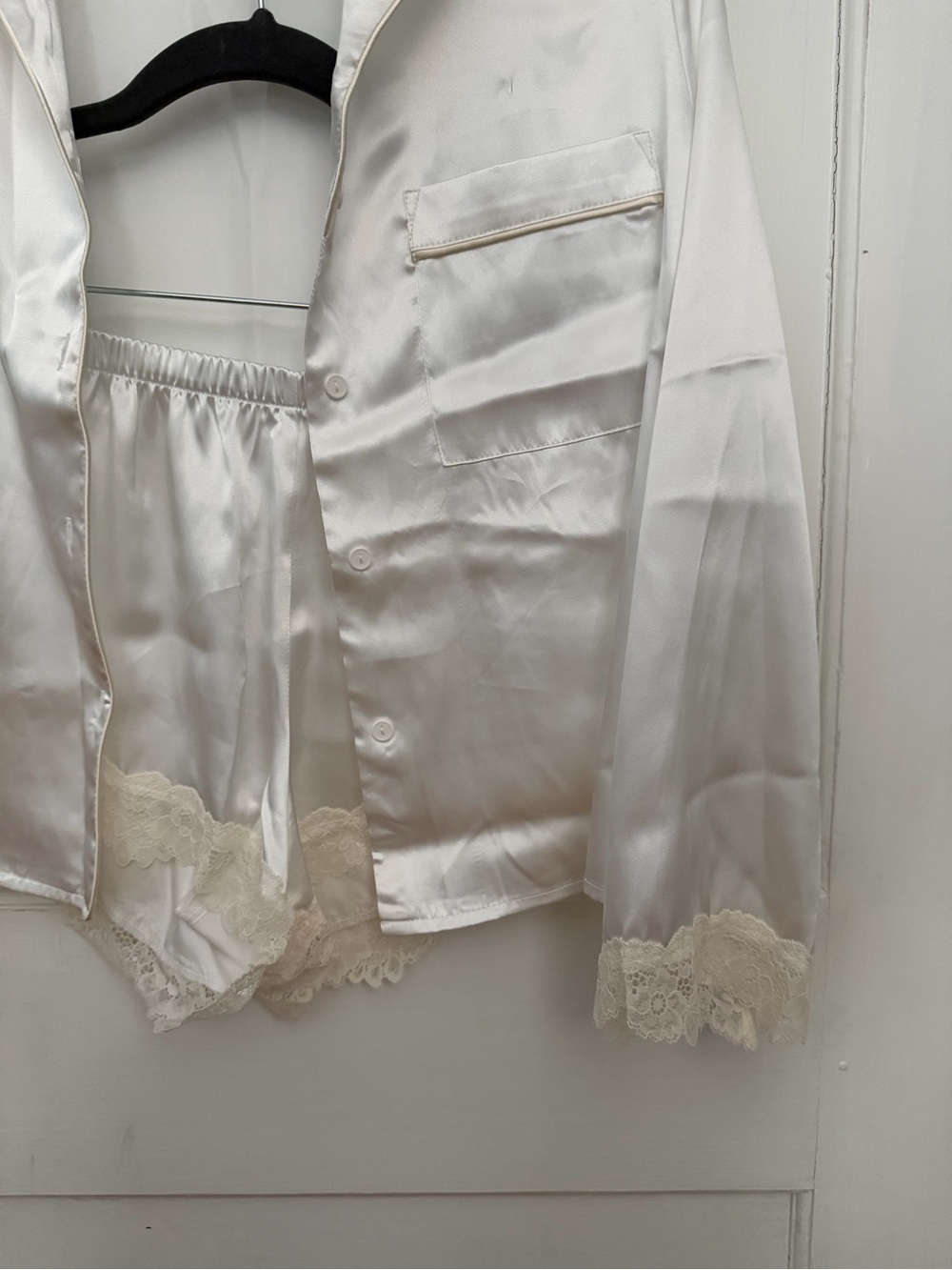 Satin Lace-Trim Pajama Set in White